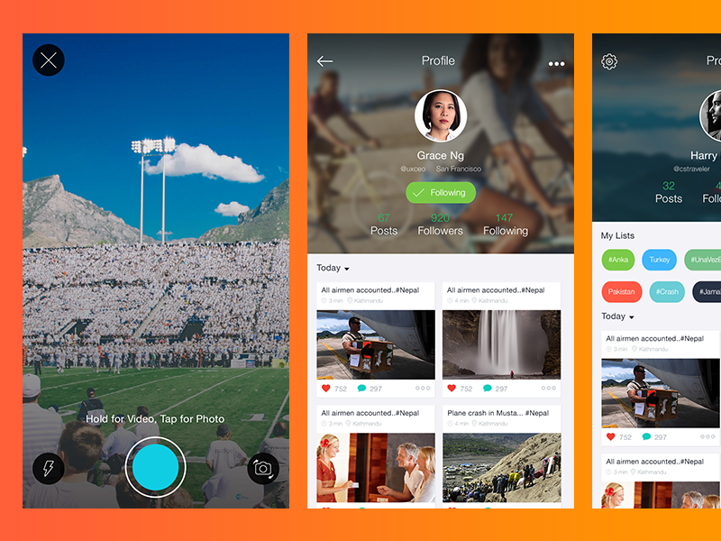 FeedCast Screens app camera profile social ui ux