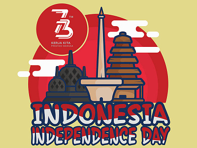 Indonesia Independence Day 73 tahun bali borobudur cartoon flat design graphic independence day indonesia merdeka monas vector