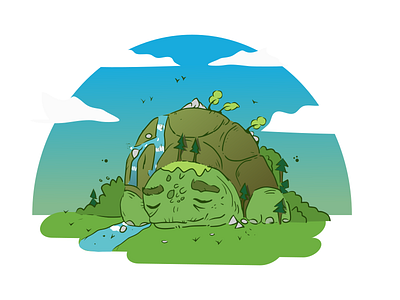 Turtle Hill cartoon cloud cute hill pine river rock sky stone tree trees turtle