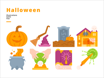 Halloween illustrations / icons boom cauldron character design coffin halloween house icon design icons illustration illustration design jack o lantern magic book magic wand vector witch