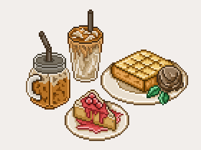 Sweeting time 8bit cafe coffee dessert french toast icecream iced coffee illustration new york cheese cake pixel pixelart retro