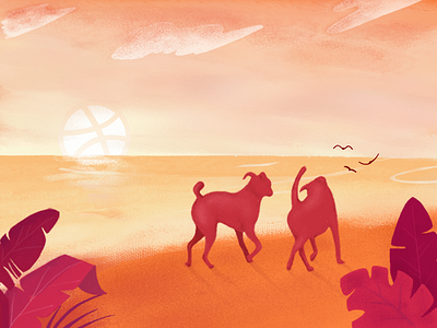 Dogs in the sunset beach hand painted illustrations setting sun two puppies