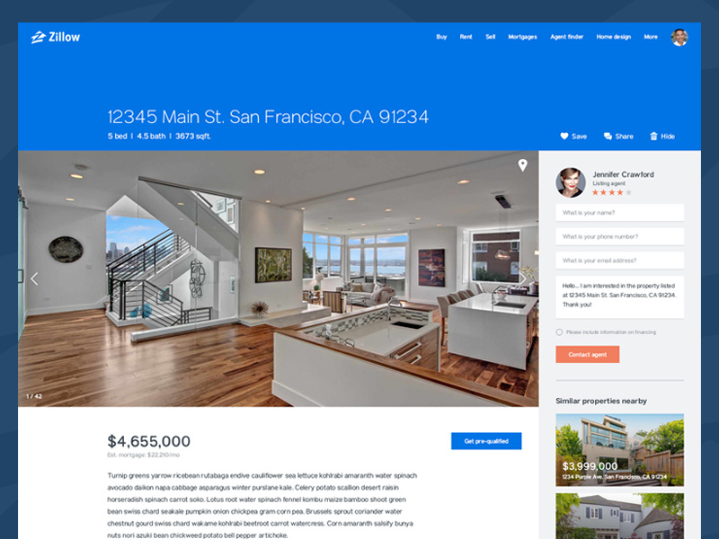 Zillow detail page - simplified real estate product page reimagined flat simple zillow