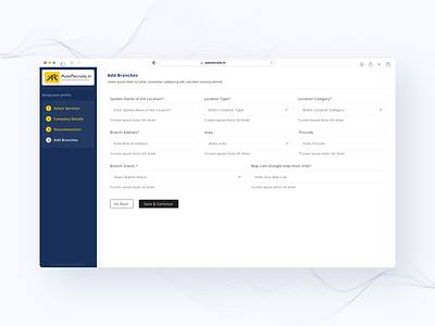 Auto Recruits Employer Module - Dealership Branches Details Page dealership job platform job portal recruitment staffing text fields text fields layout ui ui ux web design web ui