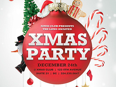 Xmas Party candy cane christmas christmas ball christmas eve kids new year new years eve night club party flyer presents red santa school snow man socks tree white xmas