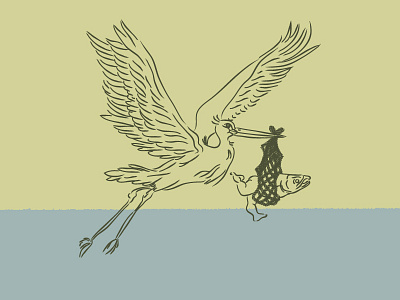 Stork bird fishing fly illustration net postcard rope salmon stork