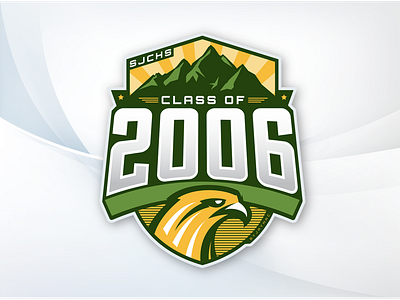 Class of 2006 gold green hawk logo mountains shield sports typography