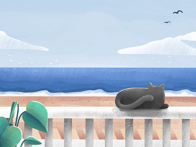 Cat in the beach illustration cat clean design grainy graphic design illustration landscape minimal procreate sea simple texture