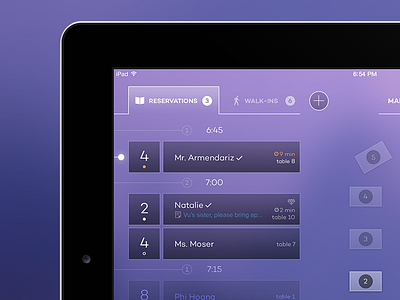 Reservations List Preview clean ios ios7 ipad purple reservations restaurant schematic tablet timeline ui waitlist