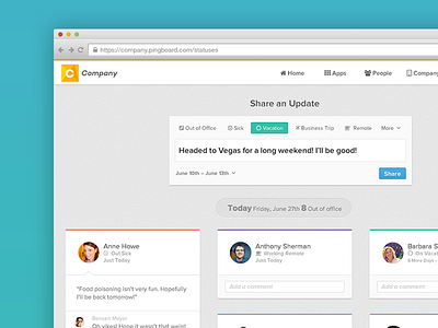 Pingboard Employee Statuses clean design vacation web app