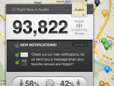 Stats Pane Announcement austin helvetica icons map notifications pins scenetap stats ui ux web