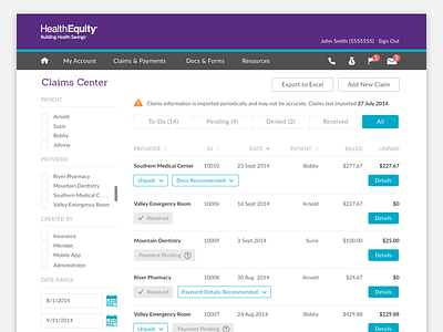 Insurance Claims Healthequity banking buttons enterprise filters health hsa menu notifications tables webapp