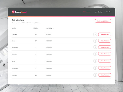 Happy Hired - Job Matches caretaker coplex dashboard gradient hire hiring jobs jobsite list nursing orange pink recruiting ui design uxdesign