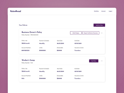 RaisinBread - Policies Screen coplex dashboard insurance policy purple