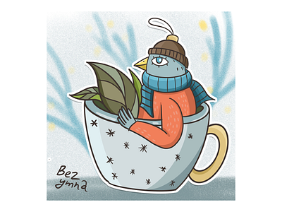 Winter tea bird doodle illustration sketch sticker