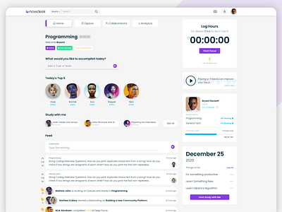 NowDesk - Virtual Coworking and Learning Platform cowork coworker coworkers coworking coworking space focus learning learning app light modernism music student task list task management virtual web app website workers working