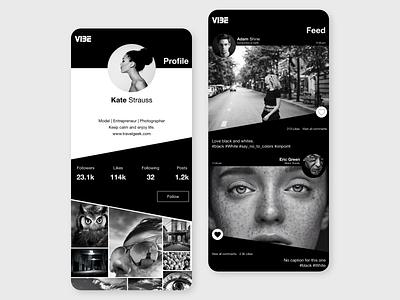 Vibe - A black and White Social Media android app design clean ui dark app dark mode dark theme dark ui instagram ios app minimalism modern design modernism social app