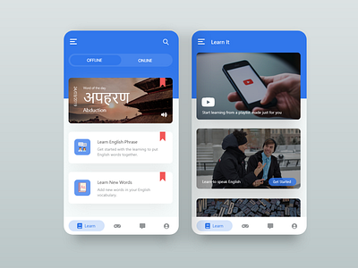 Nepali/English Translation and learning platform redesign app bottom nav cards design english learn minimal mobile mobile cards mobile ui nepal nepali translator
