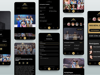 Miss Nepal App Screens app card dark dark ui design form gallery minimal mobile mobile ui nepal pageant stories ui