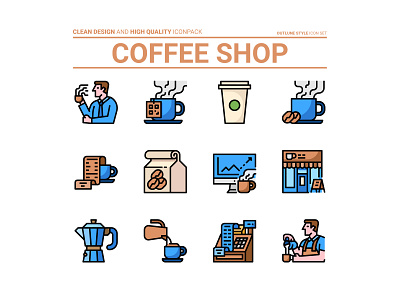 Coffee shop icon set barista bean bill business man cash register coffee coffeeshop computer cup icon illustrations illustrator man pot set shop