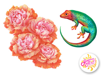 Peonies and Gecko childrens book floral flower gecko illustration lizard paint painting rose watercolor watercolour watercolour painting