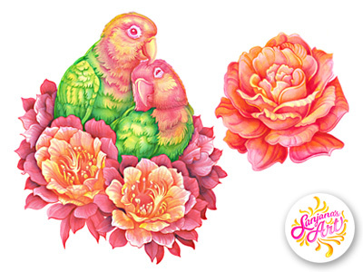 Lovebirds and rose bird childrens book paint floral flower illustration lovebirds painting parrot rose watercolor watercolour watercolour painting