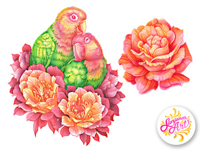 Lovebirds and rose