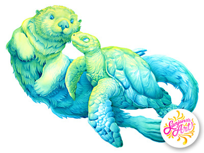 Sea Otter and Turtle animal art animal character childrens book illustration ink painting rainbow sealife spot illustration water color water colors water colour watercolor watercolor collection watercolour wild animal wild animals wildlife
