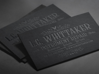 Business Card Design: L.G. Whittaker Instrument Repair bc branding business card canada design graphic design illustration intrument repair jesse ladret letterpress logo malcontent creative malcontent media music print repair typeography vancouver island victoria victoria bc