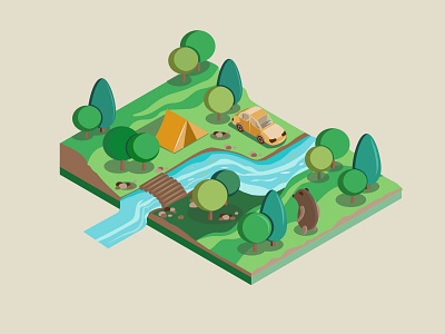 Camping camping car isometric design isometric illustration isometry nature river tent vector
