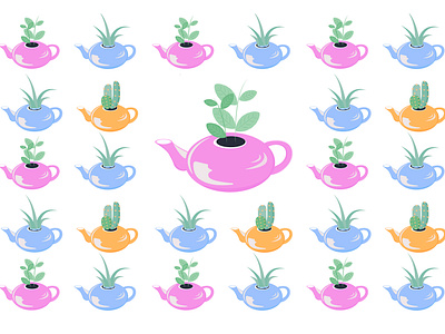 Home plants in Tea Pots Pattern home plant illustration pattern plant plant pattern teapot vector