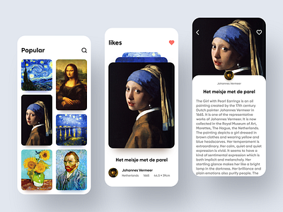 Famous painting application interface concept design_1 app art branding card design drawing famous painting fascinating het meisje met de parel interface mobility mona lisa painter painting special effects starry sky ui ux van gogh vermeer