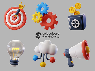 3D Business Icons 3d blender c4d cloud coins design gears icon lightbulb megaphone object safe solosalsero target