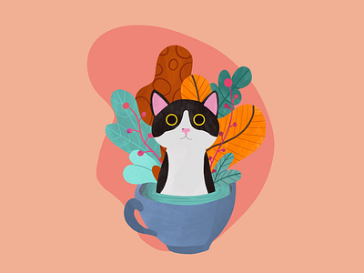 tea time with the tea cat autumn cat colors illustration leave leaves orange procreate tea teatime