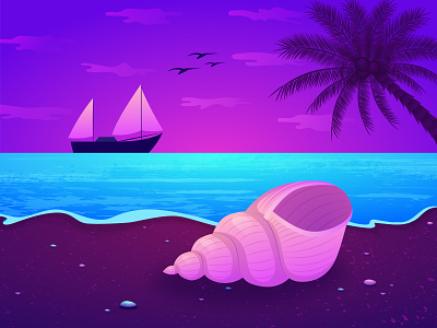 Coast boat clouds coast graphic design illustration nautilus palm sea shell sunset