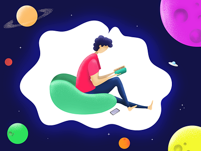 Reading 📖 book character character art character concept character design design illustration imagination man planets reading space