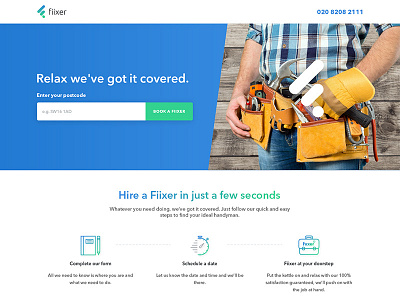 Handyman booking site landing hero hire landing ui