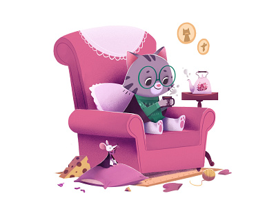 Armchair animal cartoon cat cute home illustration tea