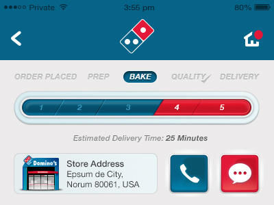Dominos address app bar blue call dominos food photoshop pizza progress red store