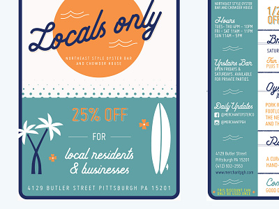 Locals only. aloha blues flier flora hang loose happy hour happy hour flier illustrator locals only oyster bar oyster bar menu palms pittsburgh print design restaurant flier surf surfboard