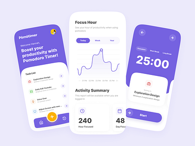 Pomotimer - Pomodoro Time Management App activity activity app app design clean mobile mobile app mobile design pomodoro pomodoro app purple time management time tracking time tracking app ui uidesign violet