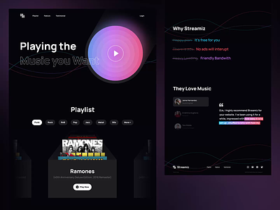 Streamiz - Music Streaming Landing Page animation dark landing page dark mode gradient design gradient website graident landing page music music streaming playlist webdesign website design