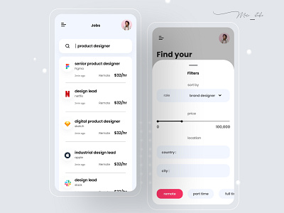 Search and filter ajob app app app design clean ui color design designthinking minimal mobile design ui uiux userinterface ux