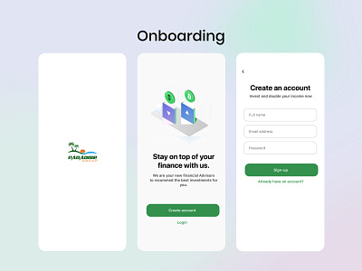 Onboarding , welcome screen , create account, login