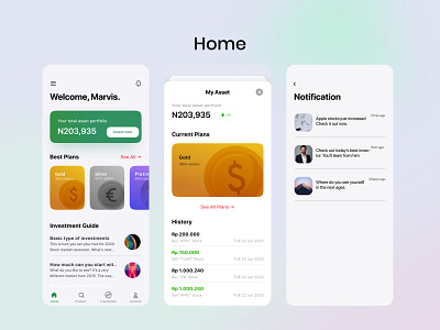 Home screen , investment app, notification ui, app design assets blurred background designthinking guides history home screen homepage icon investment investment app menu money notifications product design rise search ui uiux