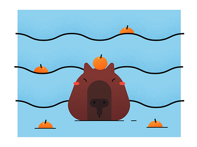 Capybara with mandarin orange on head bath blue capybara head illustration orange water