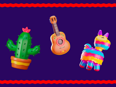 México lindo 3d 5th blender blue cactus cute guitar illustration may mexican mexico pinata red yellow
