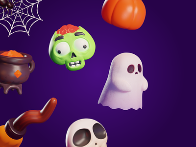 Halloween 3d Icons! 3d blender branding broom cauldron cute cycles ghost halloween icons illustration magic october phantom pumpkin spider spooky ui witch zombie