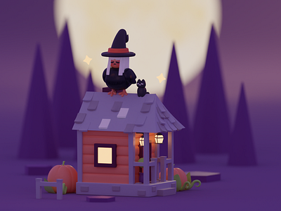 The witch house 3d america bird blender cat character cute forest game halloween house illustration minimalist model monster october witch woman