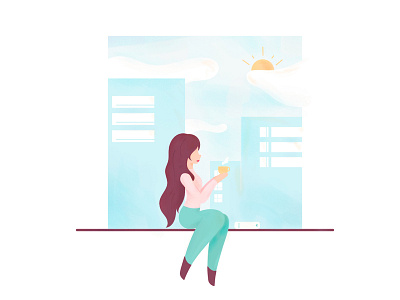 Relaxing building coffee girl illustration vector